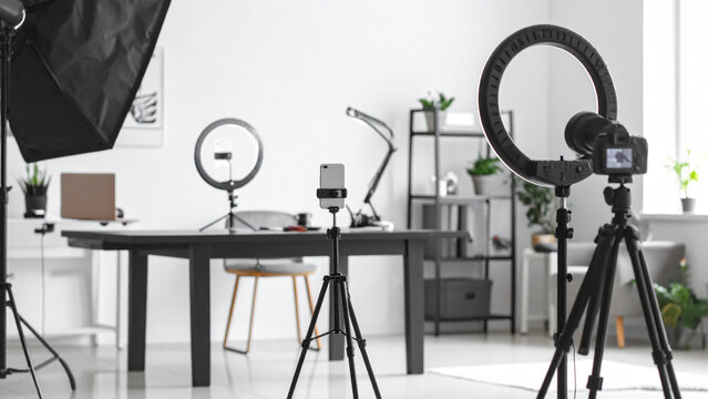 Professional studio lighting equipment featuring a black tripod stand and strobe flash lamp with a softbox for high-end photography and video technology