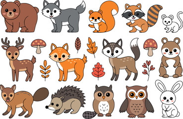 Obraz premium Forest animals flat vector set with bear fox deer owl squirrel raccoon hedgehog mushrooms and autumn leaves