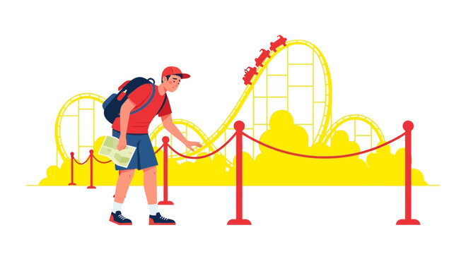 Man with map at amusement park queue for rollercoaster ride, summer vacation fun