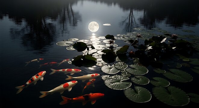 Koi Fish Swimming in Dark Pond Water.