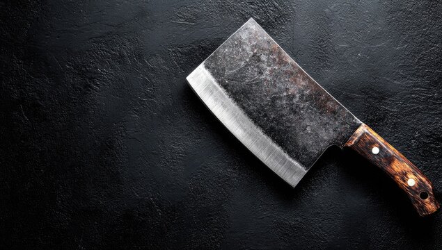 Heavy, worn meat cleaver rests on dark textured surface; blade and handle are visible