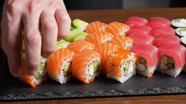 Close-up of a variety of colorful sushi rolls arranged on a black slate for a delicious meal