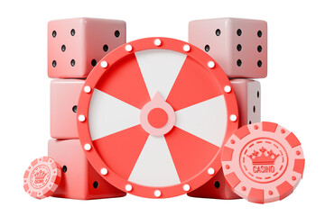 Obraz premium 3d fortune wheel with stacked dice and casino chips icon. luck game concept. minimal cartoon prize spinner cubes for casino app. isolated on white transparent background. 3d render.