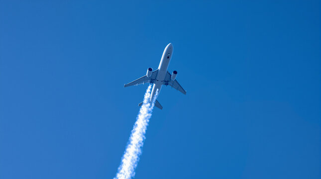 pesawat terbang mengeluarkan asap di belakangnya di langit yang biru dan cerah 