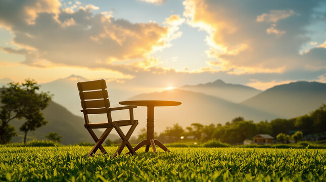 kursi dan meja makan berada di tengah hamparan rumput dan pemandangan sunset
