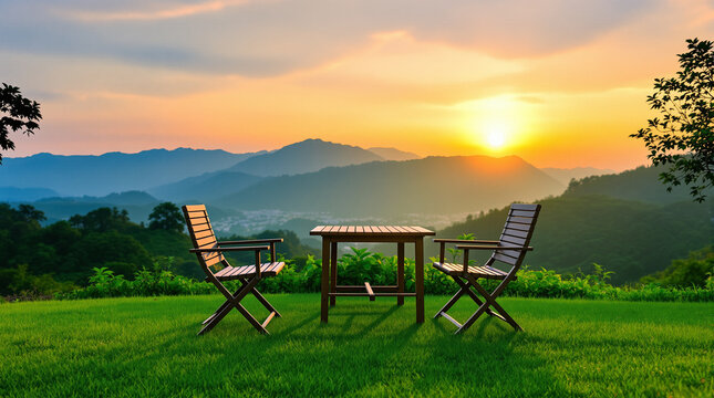 kursi dan meja makan berada di tengah hamparan rumput dan pemandangan sunset