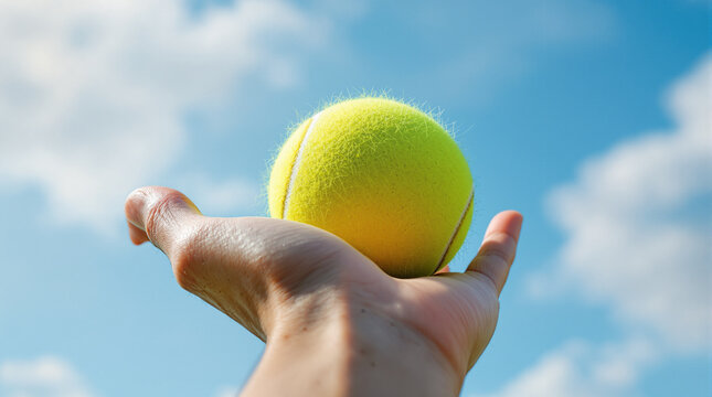 bola kasti yang di pegang dengan tangan dan di latar belakang langit biru yang cerah 