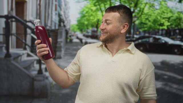 Man smiling while holding a glass bottle of beet juice in his right hand on a city street by stone steps and parked cars; healthy refreshment joy.