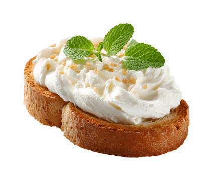 Toasted bread slice topped with cream cheese and fresh mint isolated on transparent background
