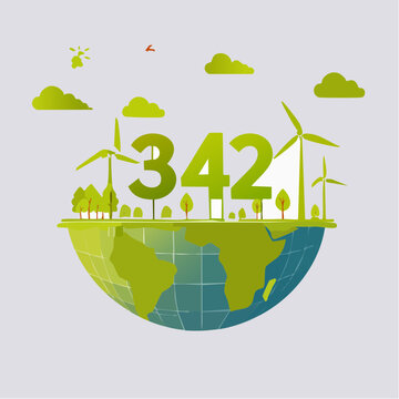 Sustainable Energy Infographic Concept with Planet Earth, Wind Turbines, and Number 342