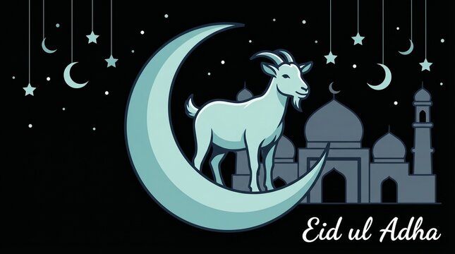 Eid ul Adha celebration with goat on crescent moon and mosque in background at night