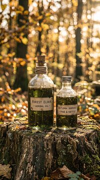 Two Glass Apothecary Bottles Filled with Dark Green Liquid on Mossy Tree Stump in Autumn Forest with Sunlight