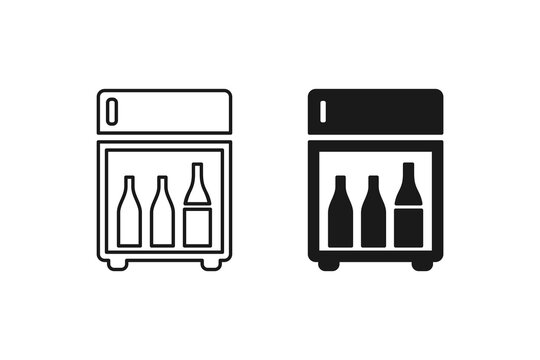 Hotel minibar fridge with beverage bottles icon