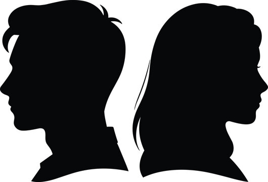 Side profile silhouette of a young man and woman standing back to back, symbolizing relationship breakup, emotional distance, divorce, and lack of communication between couple.