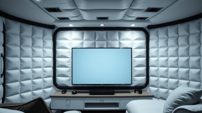 Modern interior features cushioned walls, sleek tv setup, recessed lighting. Comfortable seating creates intimate viewing space. Dark accents contrast light tones.