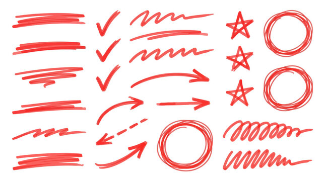 Line pen red highlight arrow set. Line pen hand drawn marker stroke red underline, check mark, emphasis. Arrow, star, round frame marker scribble stroke icon elements. Vector illustration