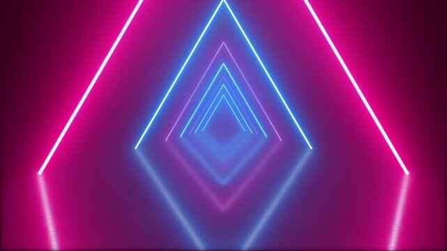 Neon triangle tunnel animation. Glowing pink and blue geometric shapes with futuristic loop motion