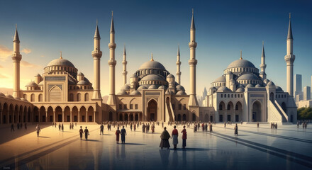 Fototapeta premium A grand mosque with multiple domes and tall minarets during sunset.