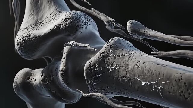 Conceptual 3D visualization of the human skeletal joint, meticulously depicting bone surface details and the intricate structure essential for movement and health, highlighting degenerative changes