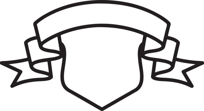A black and white drawing of a shield with a ribbon