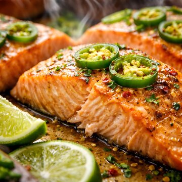 Close up baked salmon fillet with asparagus and lemon wedges juicy texture food photography