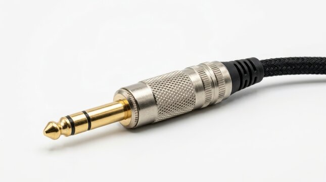 A gold-plated trs audio jack connector rests against a clean white background in a sharp macro studio photograph with a minimalist aesthetic.