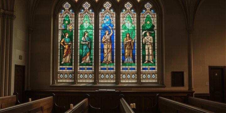 A stunning stained glass window in a church setting features three panels with vibrant colors and intricate patterns, conveying a sense of solemnity and reverence.