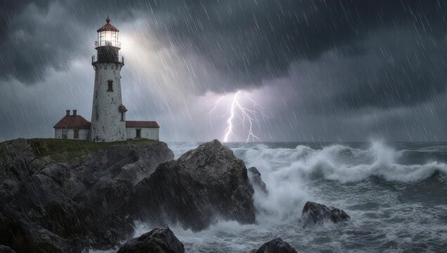 Lighthouse in Stormy Weather with Lightning Strike.
