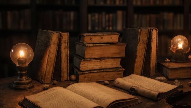 Mystical Library - Ancient Books and Glowing Orbs in Dim Light.