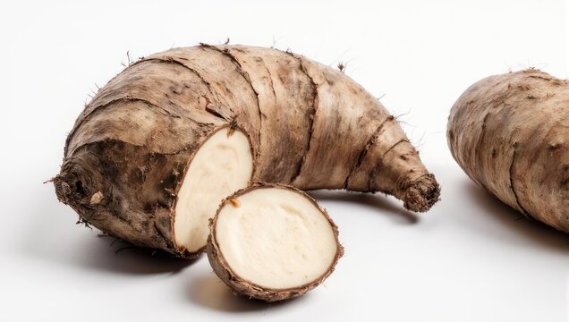 Jerusalem artichokes on white background, one cut in half.