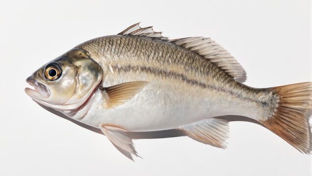 Stripped bass fish swimming in clear water, isolated on white.