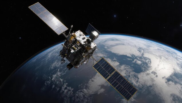 Satellite orbiting Earth with solar panels deployed in space.