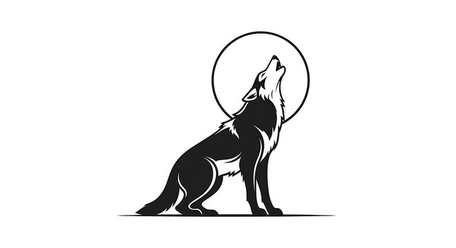 howling wolf silhouette with moon, animal illustration