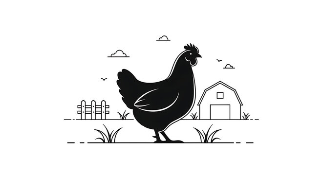 black chicken standing in farm yard with barn
