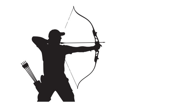 Man in black silhouette drawing bow and arrow with quiver full of arrows on his back ready to shoot