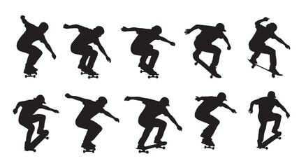 Black silhouettes of skateboarders performing tricks and stunts on their boards © MARS