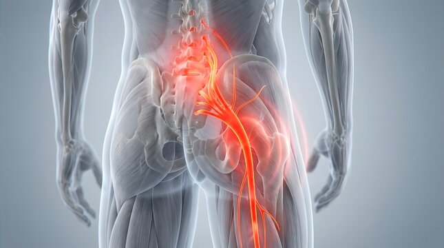 Glowing Red Sciatic Nerve on 3D Human Anatomy Model Indicating Back Pain