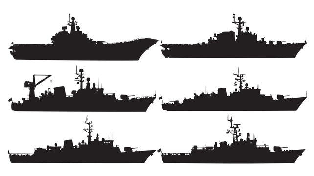 Vector graphic illustration of various naval ships and boats in black silhouette on white background for design and educational use
