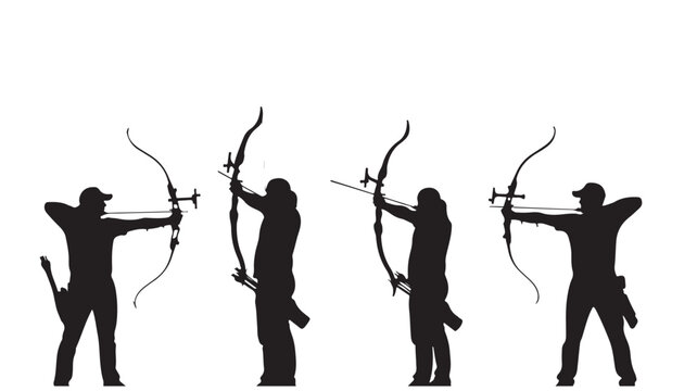Four archers in different poses aiming bows and arrows in a vector graphic illustration