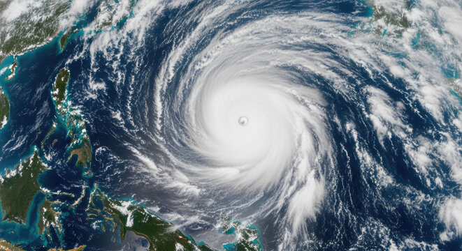 Satellite view of powerful typhoon swirling over the ocean near coastal land with a distinct eye showcasing a dramatic weather phenomenon