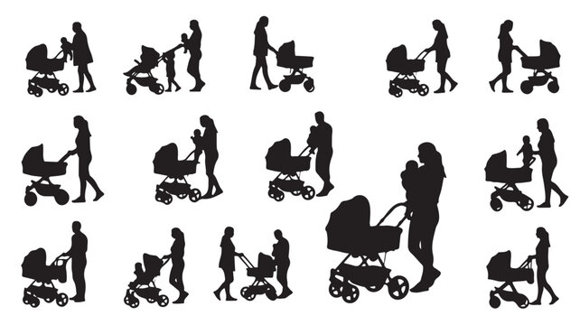 Mother and baby stroller silhouettes in various positions and actions vector graphic