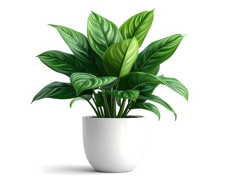 Potted peace lily plant with vibrant green leaves in white ceramic pot isolated on white background