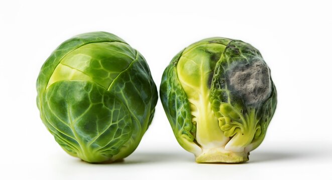 two isolated Brussels sprouts on a pure white background. Left tight green leaves. Right loose, yellowed, moldy leaves with soft spots