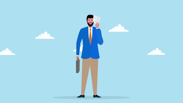 Businessman revealing face from mask symbolizing authenticity honesty identity and transparency in corporate environment animated business concept video scene
