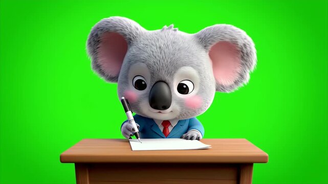 A Cute Cartoon Koala Character Wearing a Blue Business Suit and Red Tie Writes on Paper with a Pen at a Wooden Desk Against a