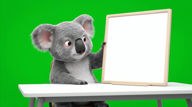 Adorable 3D Rendered Cartoon Koala Character Sitting at a White Table Gesturing Towards a Blank White Board with a Green Screen