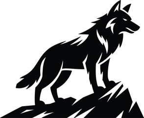 Fototapeta premium Wild wolf silhouette standing on mountain rock peak isolated on white background vector illustration design