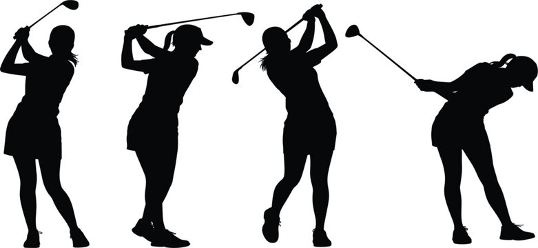 Female golfer silhouette set showing different swing positions and golf club poses isolated vector illustration