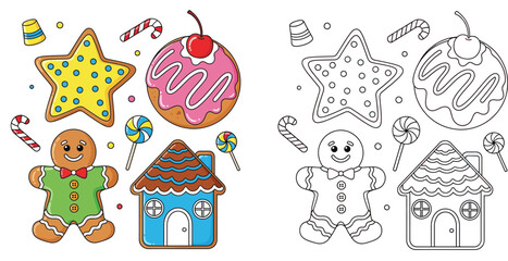 Fototapeta premium Gingerbread Man House and Sweets Collection in Color and Outline for Kids Coloring Page and Christmas Holiday Activity