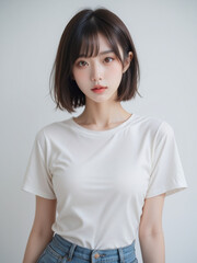 Obraz premium Japanese young woman standing, natural beauty, realistic portrait, soft lighting